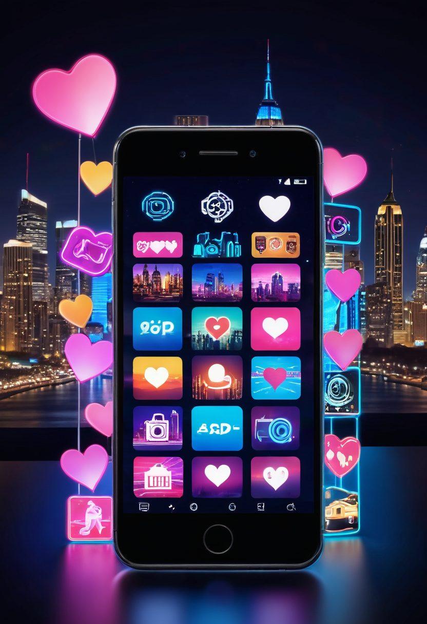 A sleek smartphone prominently displaying a 3GP video player interface amid vibrant, playful icons of hearts, lips, and film reels, all set against a backdrop of a neon-lit cityscape at night, symbolizing modern technology and allure. vibrant colors. super-realistic.