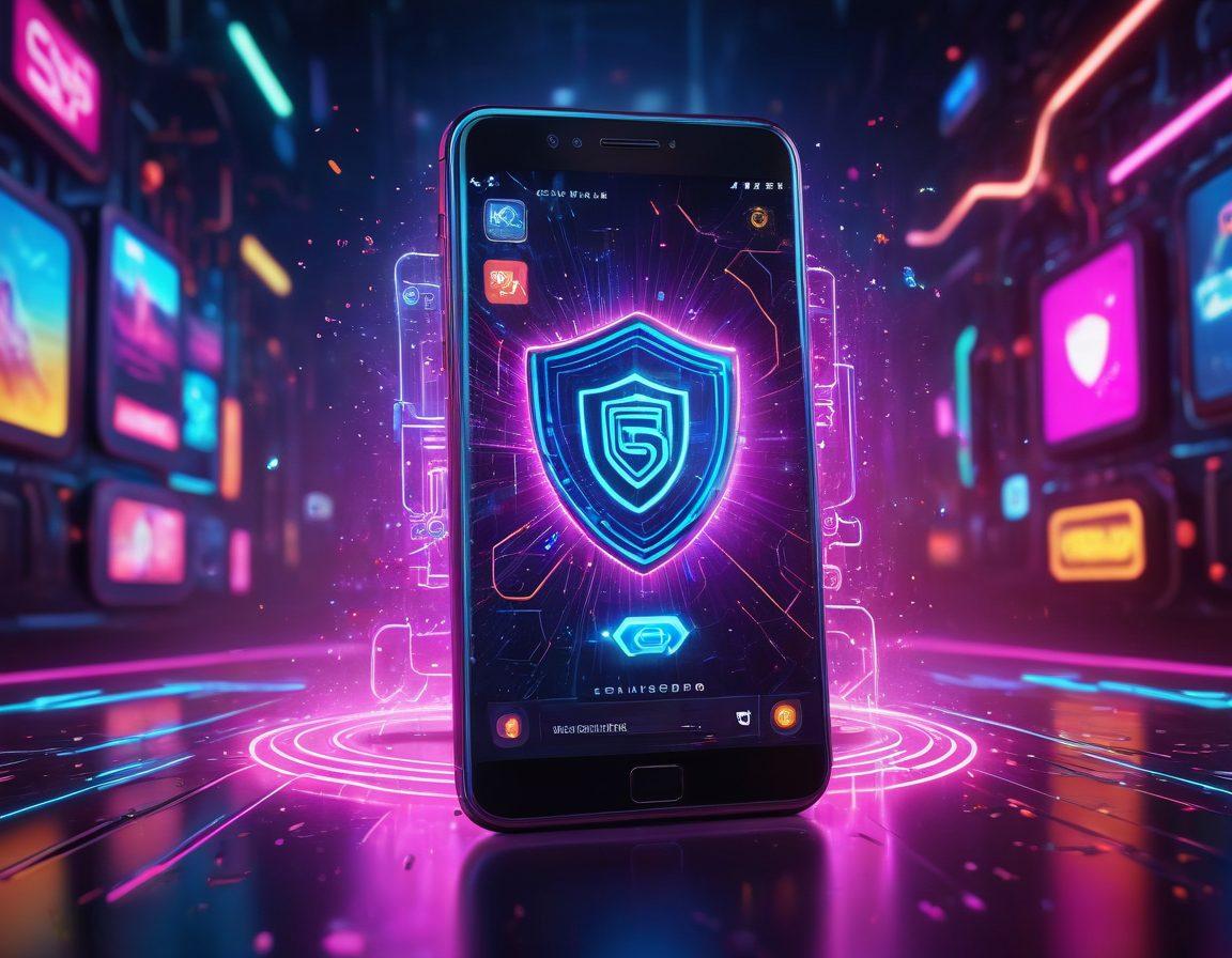 A futuristic smartphone displaying sleek, vibrant 3GP video icons with play buttons, surrounded by a digital shield icon signifying safety. The background should depict a dynamic, neon-lit cyberspace atmosphere to convey both tech-savvy and sensual allure. Include subtle animations of glowing particles swirling around to enhance engagement. super-realistic. vibrant colors. neon cyberpunk theme.
